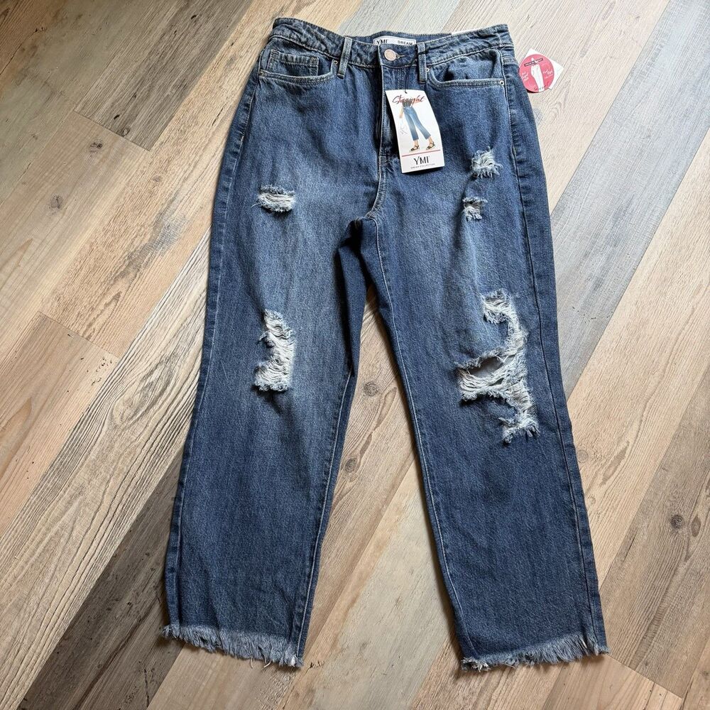 YMI Dream Straight Jeans Women's 11/30 Distressed Raw Hem High Rise Cropped